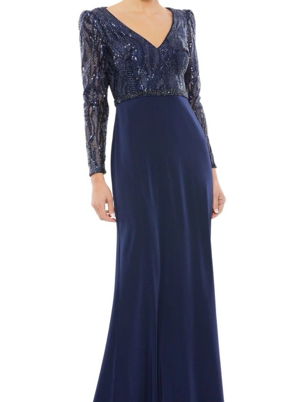 Mac Duggal Navy Sequin Long Sleeve V-Neck Gown